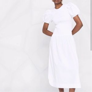GANNI White Smocked Puff Sleeve Dress